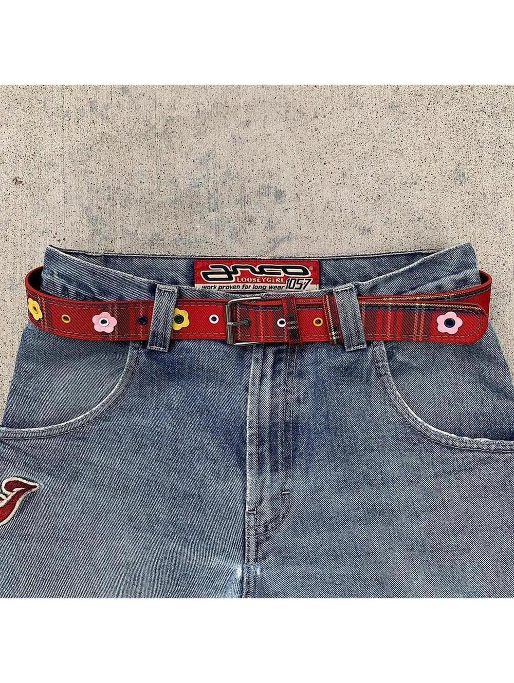 Colorful Plaid and Flower belt. Y2k style. 40 inches length - Picture 6 of 8